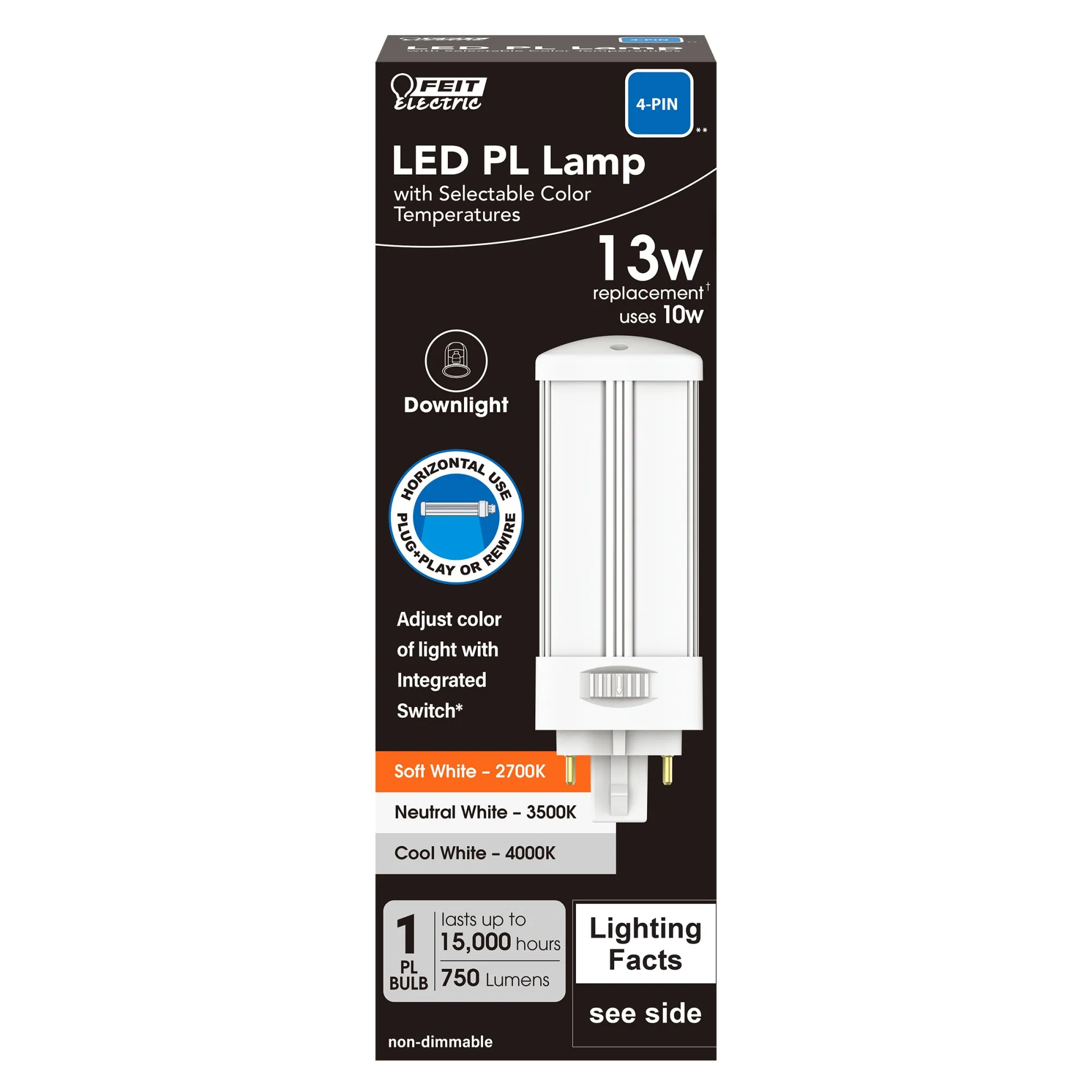 10W (13W Replacement) Color Selectable G24q-1 Base 4-pin Base Direct Replacement and Ballast Bypass (Type AB) Horizontal PL LED