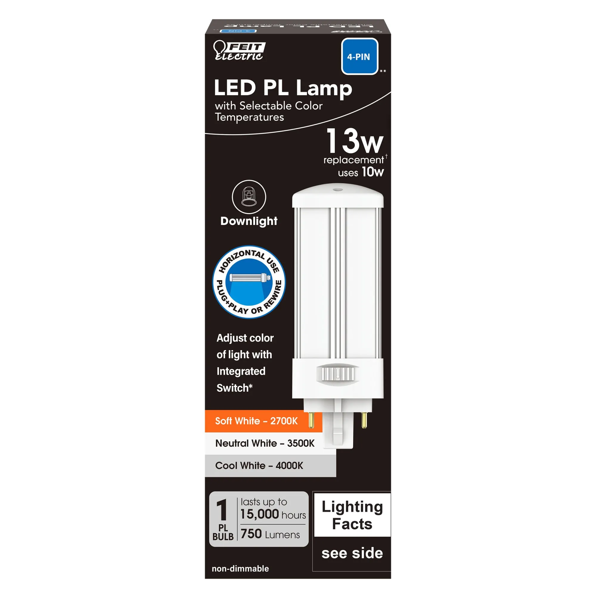 10W (13W Replacement) Color Selectable G24q-1 Base 4-pin Base Direct Replacement and Ballast Bypass (Type AB) Horizontal PL LED