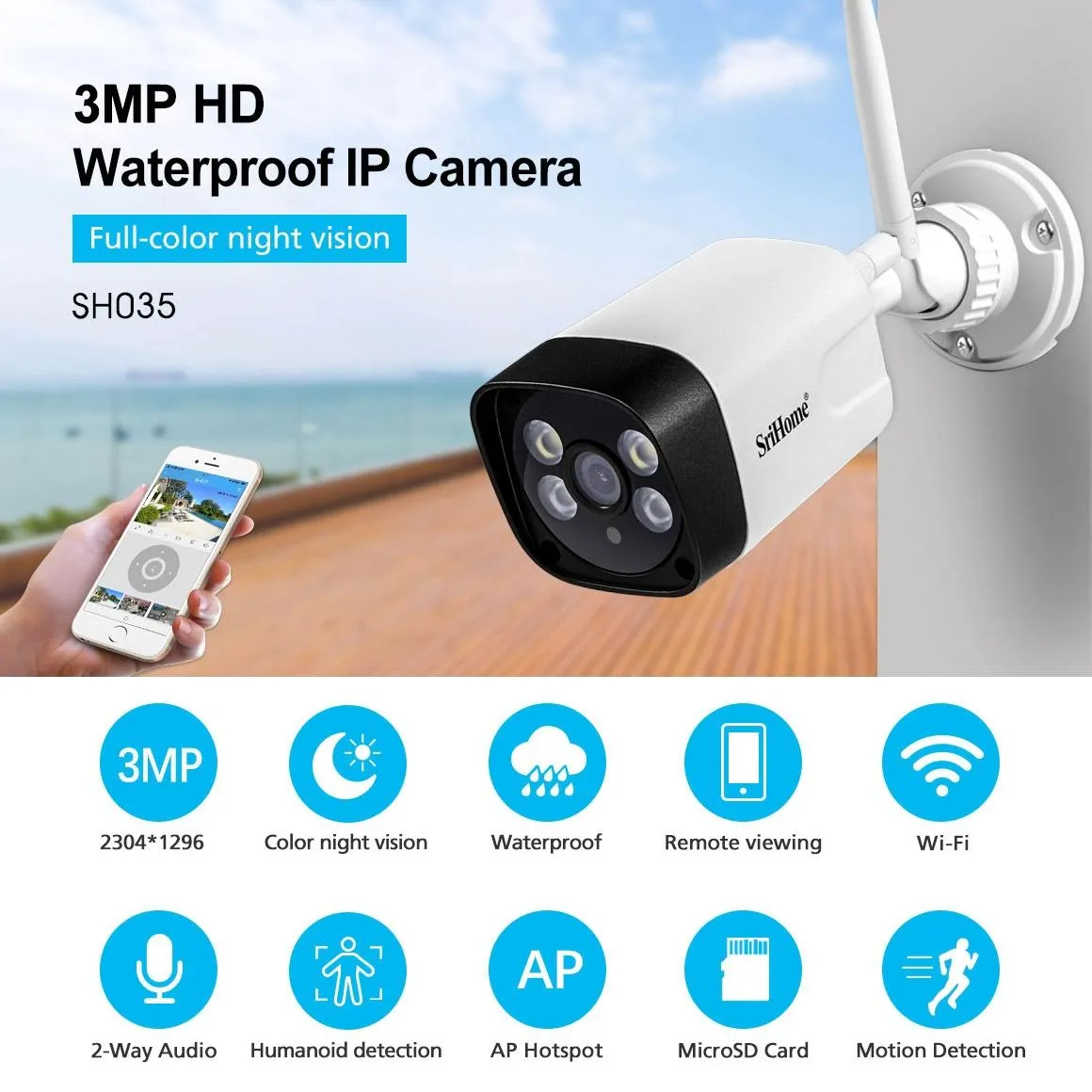 1296P HD IP Camera | 3.0MP | Two-Way Audio | Motion & Humanoid Detection | Full-Colour Night Vision | TF Card Support
