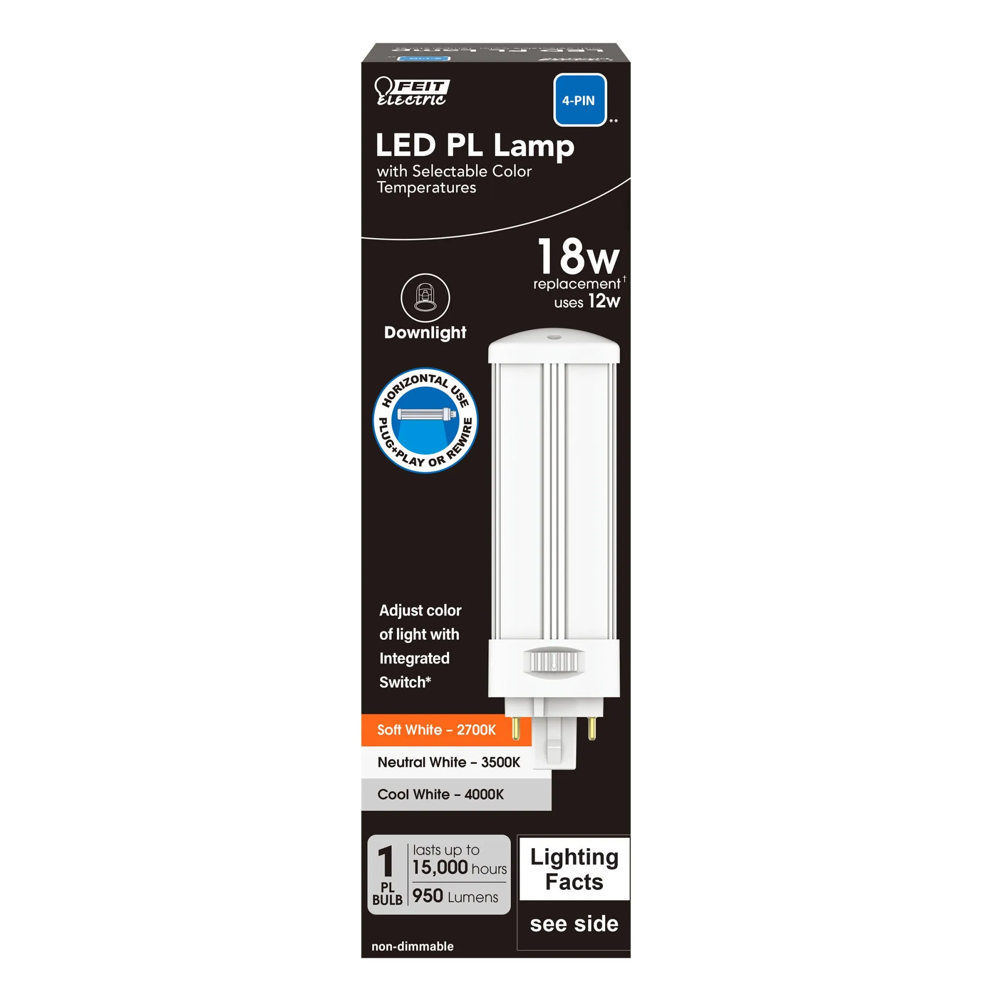 12W (18W Replacement) Color Selectable 4-pin Direct Replacement and Ballast Bypass (Type AB) Horizontal PL Lamp