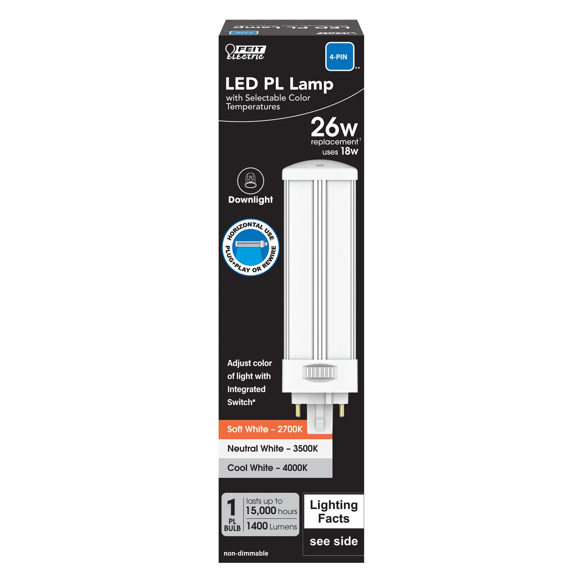 18W (26W Replacement) Color Selectable 4-Pin G24Q-3, GX24Q-3 Base Direct Replacement and Ballast Bypass (Type AB) Horizontal PL LED