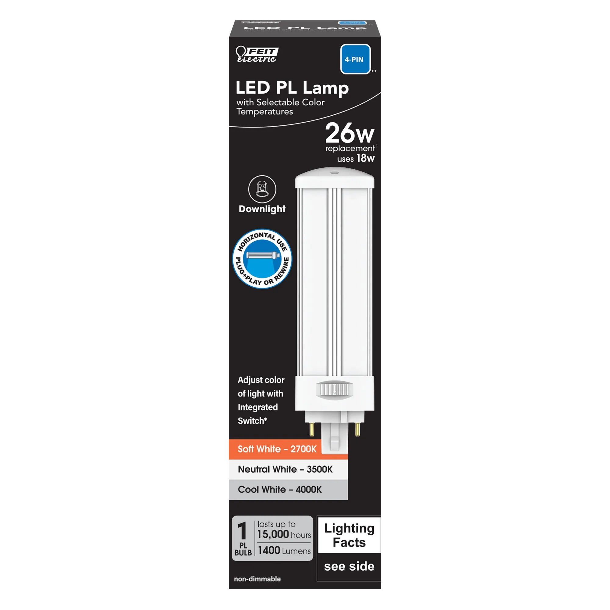 18W (26W Replacement) Color Selectable 4-Pin G24Q-3, GX24Q-3 Base Direct Replacement and Ballast Bypass (Type AB) Horizontal PL LED
