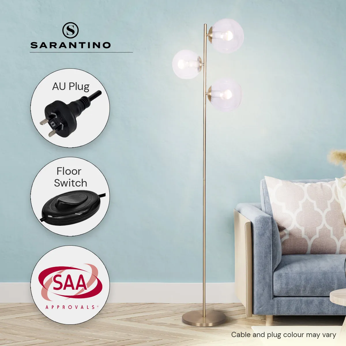 3-Light Gold Metal Floor Lamp with Glass Shades | Stylish Modern Lighting