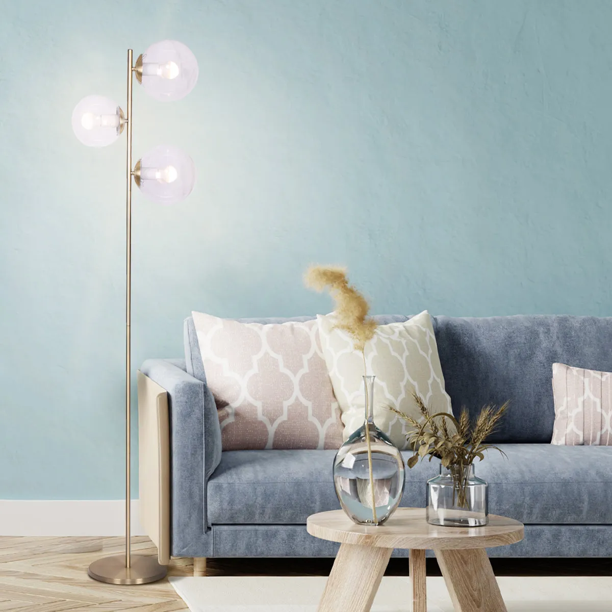 3-Light Gold Metal Floor Lamp with Glass Shades | Stylish Modern Lighting