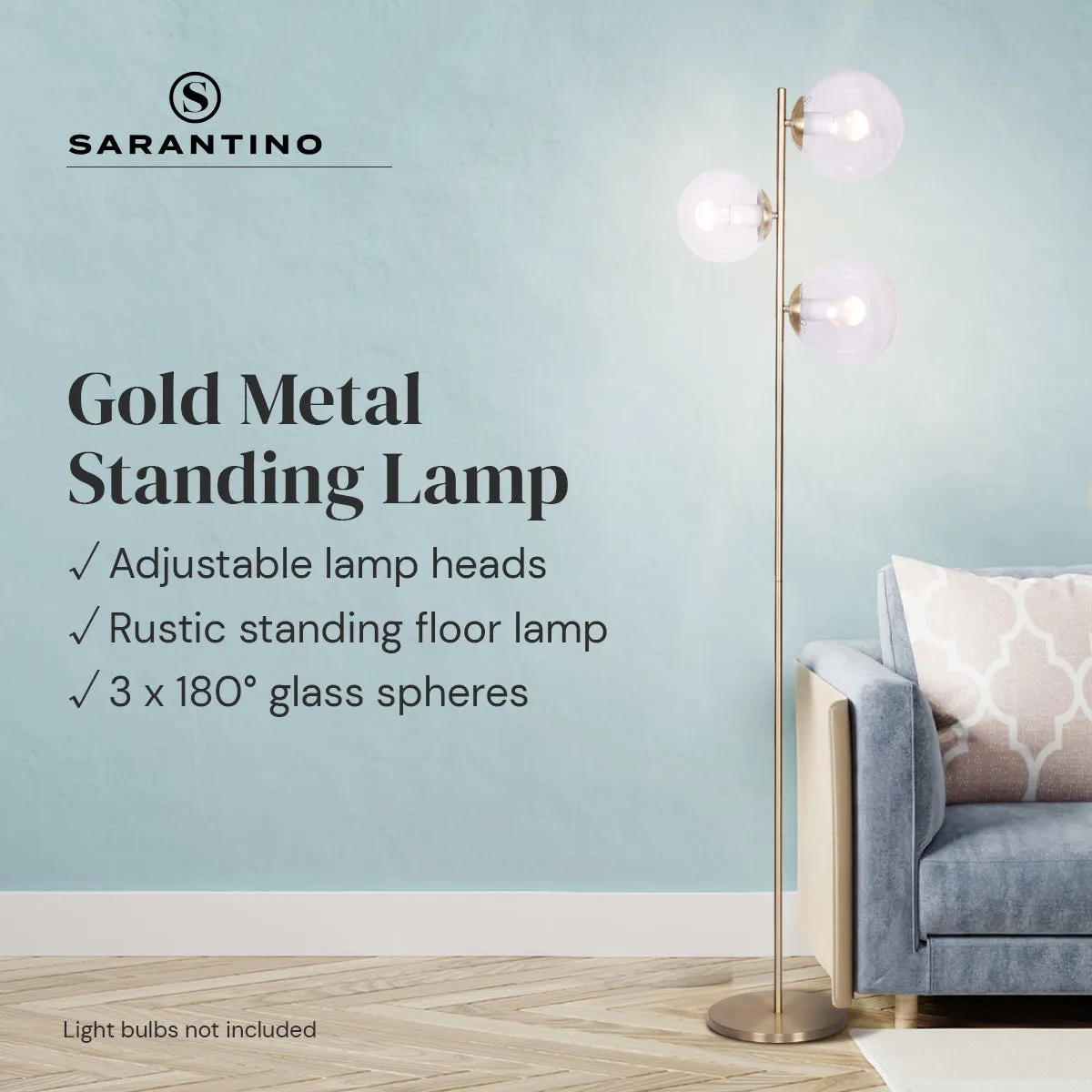3-Light Gold Metal Floor Lamp with Glass Shades | Stylish Modern Lighting