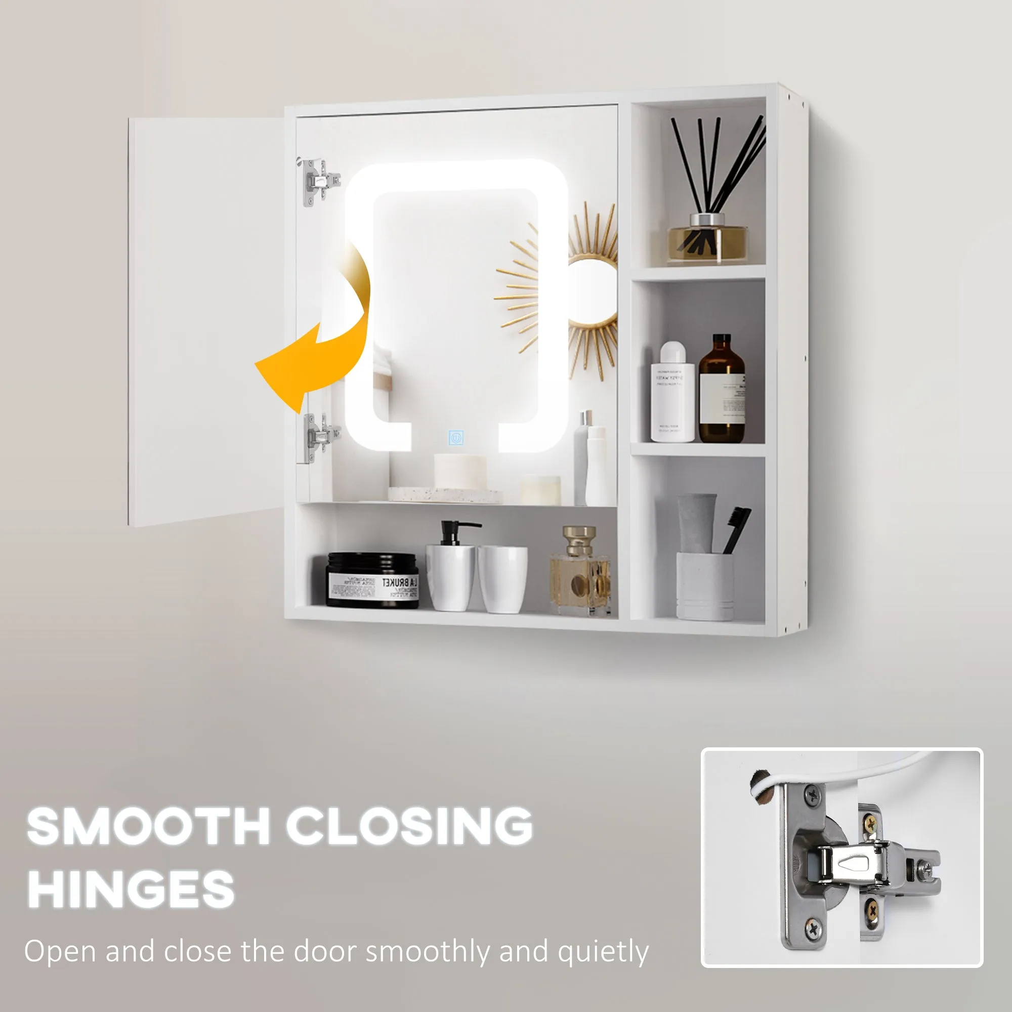kleankin LED Illuminated Bathroom Mirror Cabinet, Wall-mounted Storage Organizer with Four Open Shelves, Dimmable Touch Switch, White