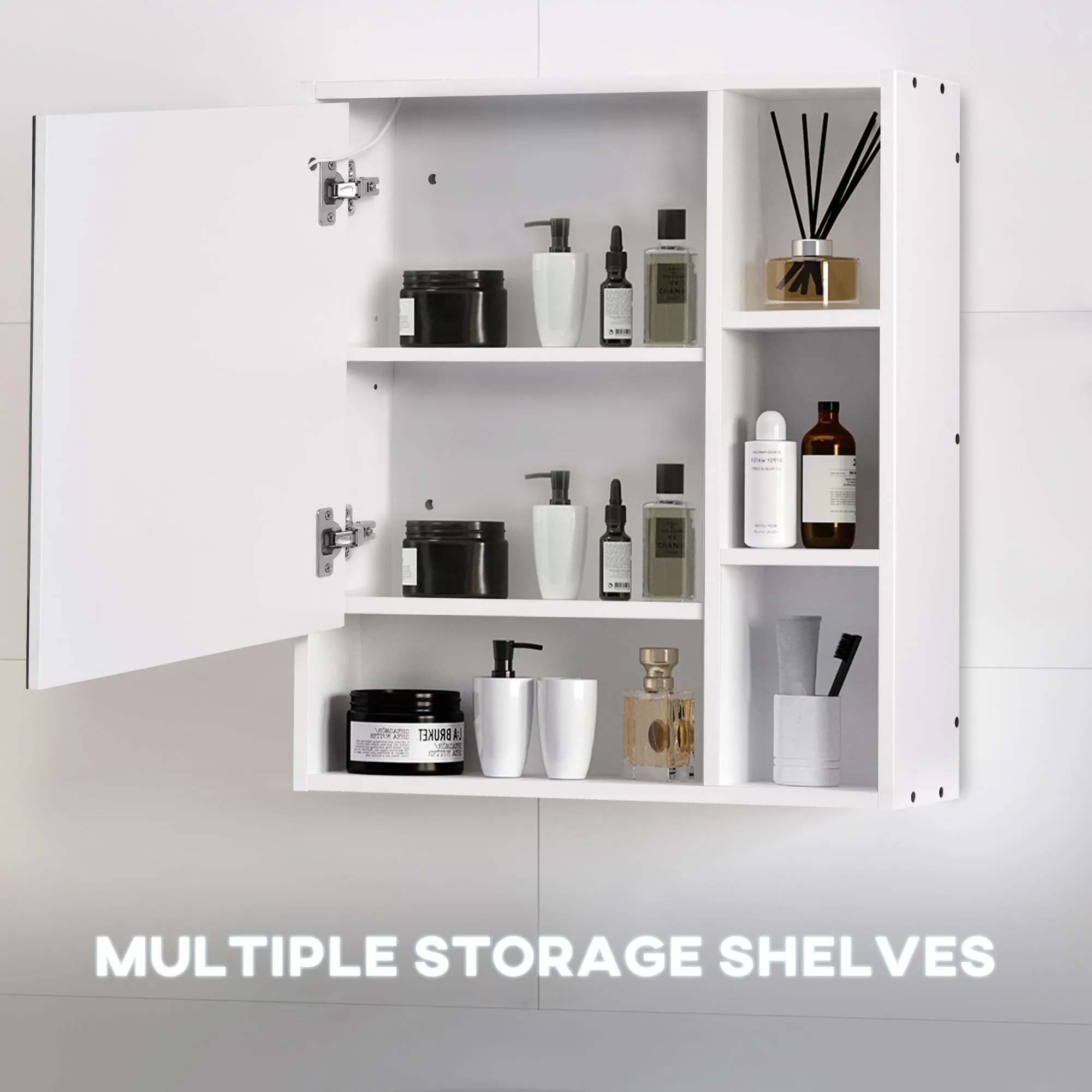 kleankin LED Illuminated Bathroom Mirror Cabinet, Wall-mounted Storage Organizer with Four Open Shelves, Dimmable Touch Switch, White