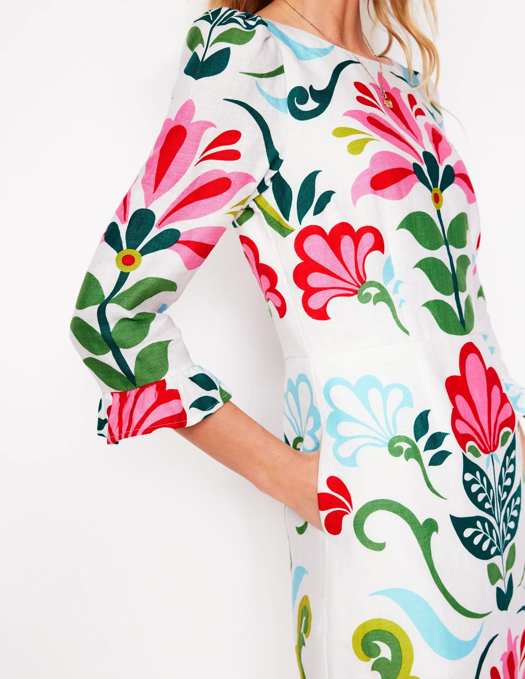 Linen Flute Sleeve Dress-Ivory, Decorative Stems