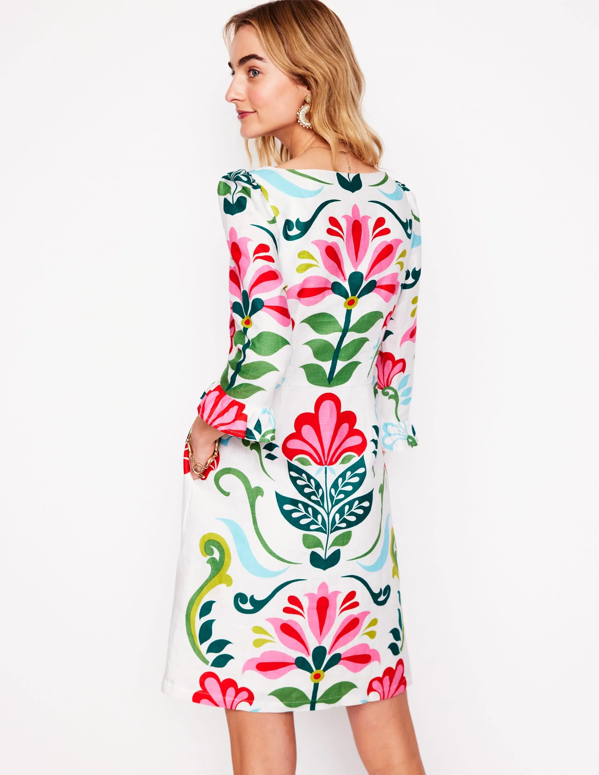 Linen Flute Sleeve Dress-Ivory, Decorative Stems