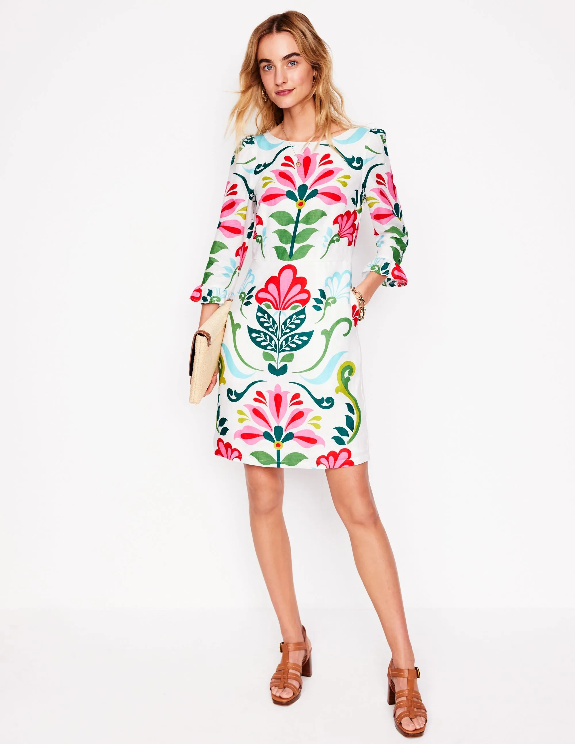 Linen Flute Sleeve Dress-Ivory, Decorative Stems